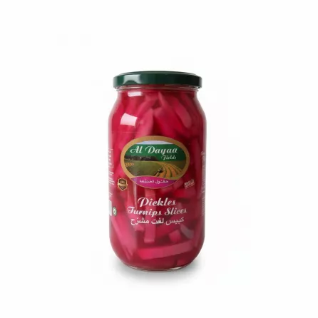 Jar of Al Dayaa Fields Turnip Slices Pickles with bright pink colour