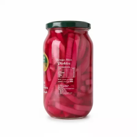 Side view of Al Dayaa Turnip Slices Pickles jar showing nutrition info