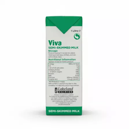 Viva Semi-Skimmed Milk 1 Litre Nutritional Information and Storage Instructions