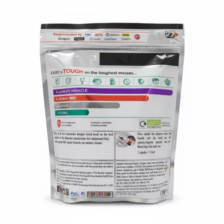 Fairy Platinum Plus dishwasher capsules pouch back with usage instructions