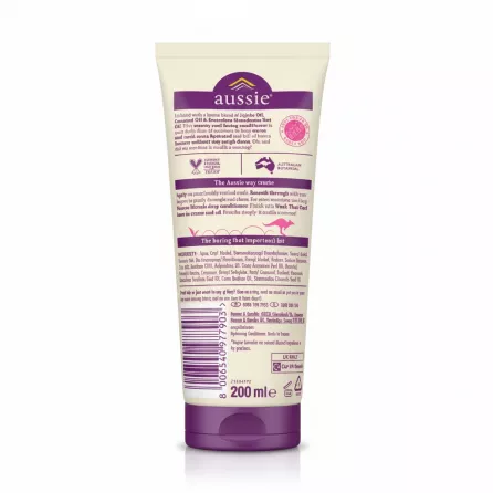 Aussie Bouncy Curls Hydrating Conditioner tube back with ingredients and usage instructions