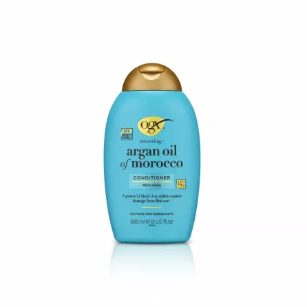 Blue bottle of OGX Renewing Argan Oil Conditioner front label