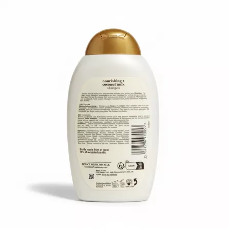 OGX Coconut Milk shampoo bottle back view with ingredients and usage instructions