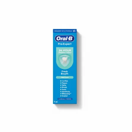 Front view of Oral-B Pro-Expert Toothpaste showing benefits