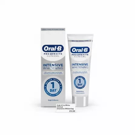 Shelf price label showing Oral-B Pro 3D White Clinical Intensive Whitening toothpaste price