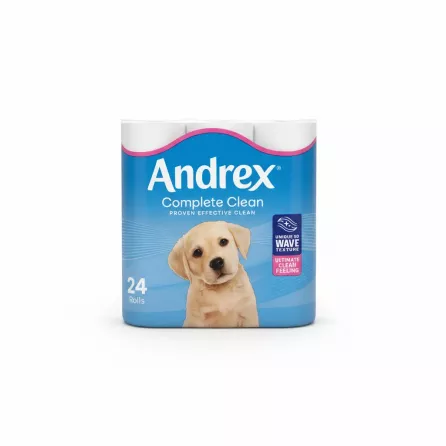 Andrex Complete Clean toilet roll pack with puppy on front