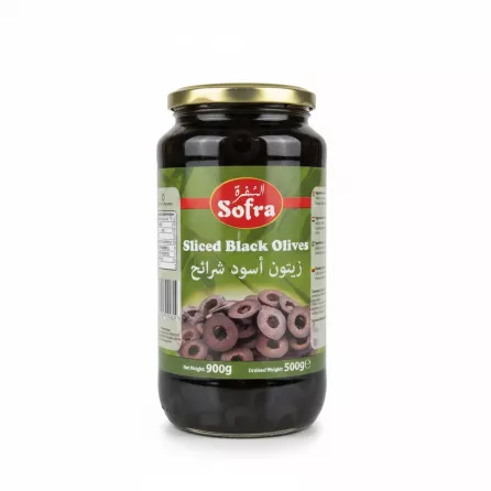 Jar of sliced black olives by Sofra showing front label