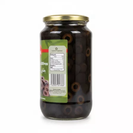 Back view of Sofra sliced black olives jar with nutrition information