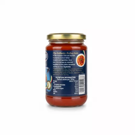 Back label of Cirio tomato puree showing nutrition facts and product info