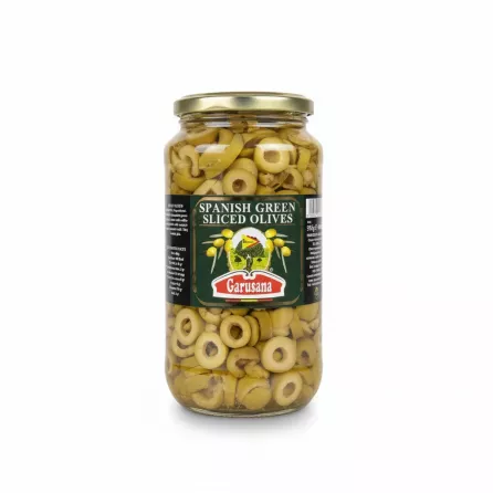 Jar of Garusana Spanish green sliced olives showing front label