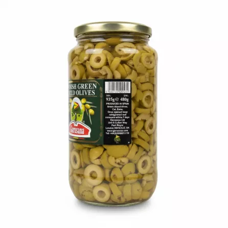 Back label of Garusana Spanish green sliced olives jar with nutritional info