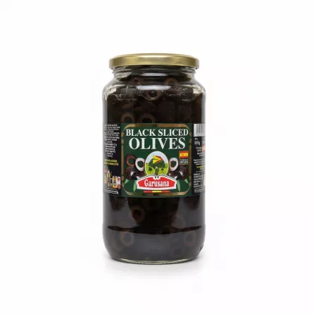 Garusana brand jar of black sliced olives front label