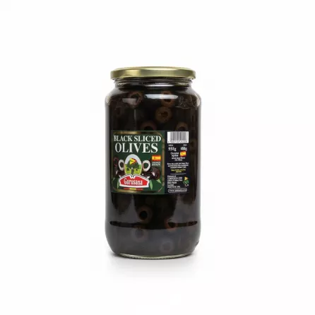 Garusana black sliced olives jar side showing barcode and origin