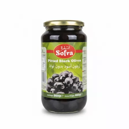 Jar of Sofra Pitted Black Olives with green label
