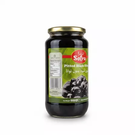 Side view of nutrition and barcode labels on Sofra Pitted Black Olives jar