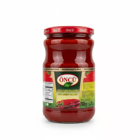 Jar of Öncü Mild Pepper Paste front label showing red pepper and brand logo