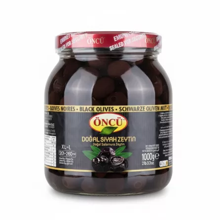 Jar of Öncü Natural Black Olives showing front label