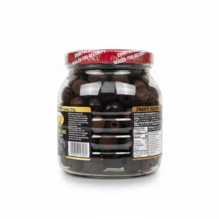 Side view of Öncü Black Olives jar with nutritional facts