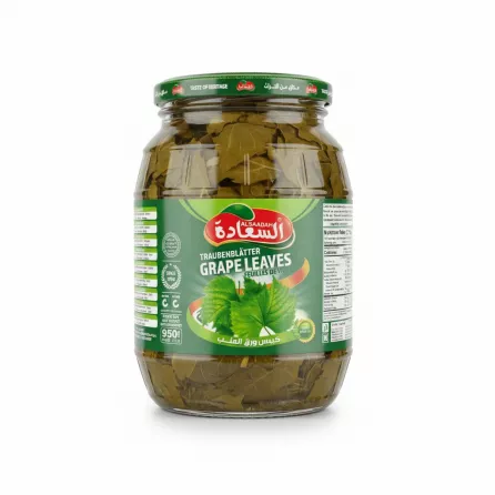 Jar of Alsaadah brand preserved grape leaves in brine