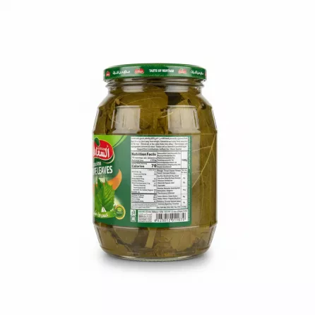 Back label with nutritional facts and barcode on grape leaves jar