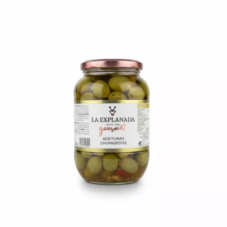 Jar of La Explanada Gourmet Cracked Green Olives front label
