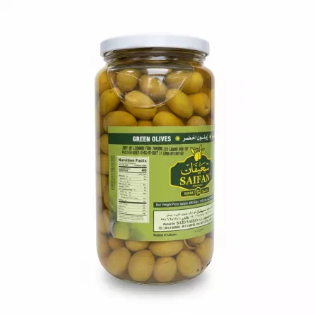 Close-up of Saifan green olives nutrition facts and logo