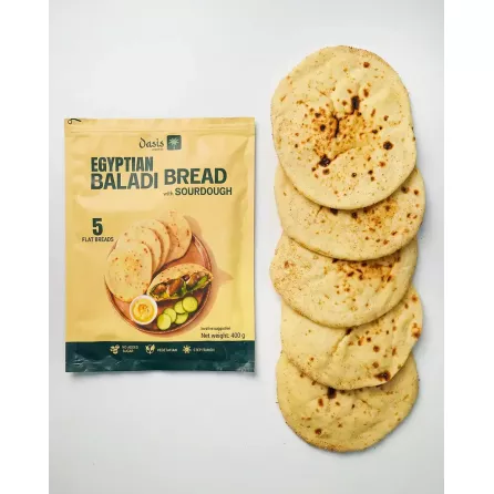 Oasis Egyptian baladi bread pack with five traditional flatbreads on white background