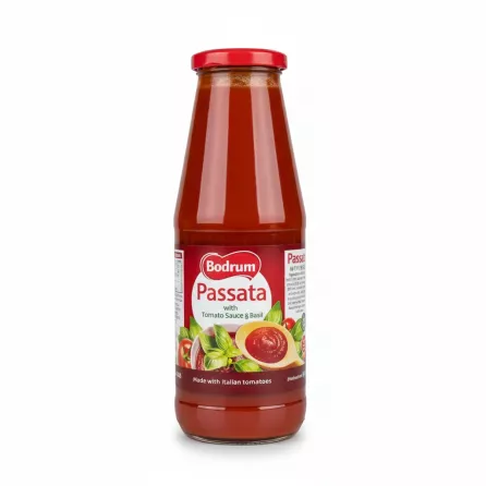 Bodrum tomato passata with basil in glass bottle front view