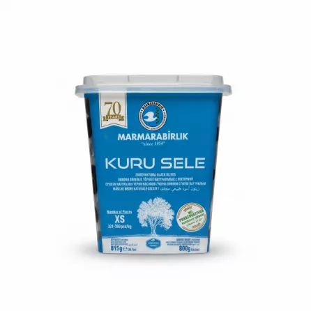 Container of Marmarabirlik dried natural black olives XS size