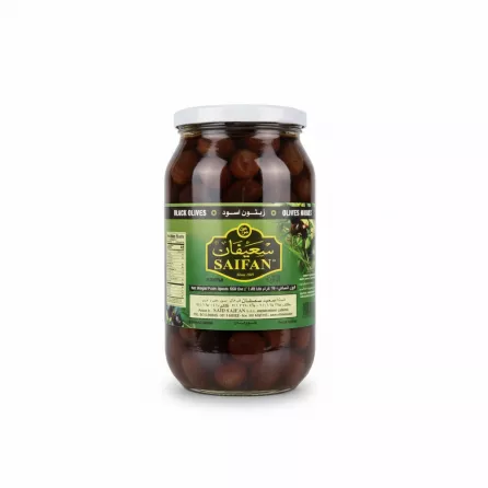 Jar of Saifan black olives front label