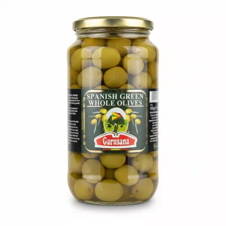 Jar of Garusana Spanish green whole olives front view
