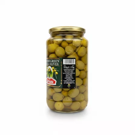Jar of Garusana Spanish green whole olives back label with details