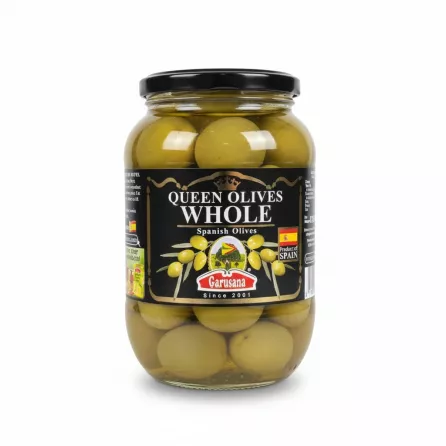 Jar of whole green Queen olives by Garusana showing front label