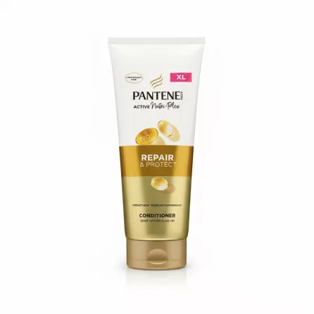 Pantene Repair & Protect Conditioner tube held in hand with white and gold packaging