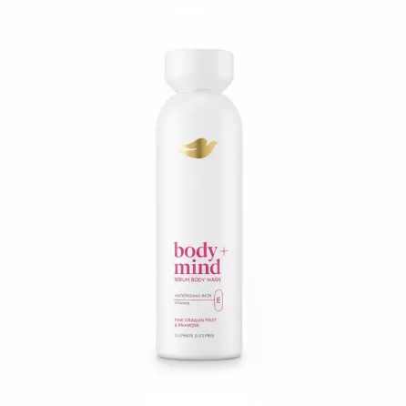 Dove Body+Mind Serum Body Wash bottle front with pink dragon fruit and primrose label