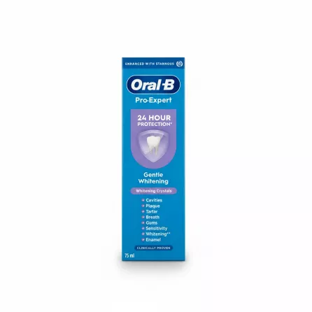 Oral-B Pro-Expert toothpaste box side with whitening benefits list