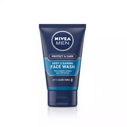 Tube of Nivea Men Deep Cleaning Face Wash with Aloe Vera held in hand