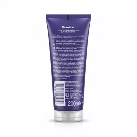 Tube of Vaseline Gluta-Hya Serum Burst Lotion back view with ingredients list
