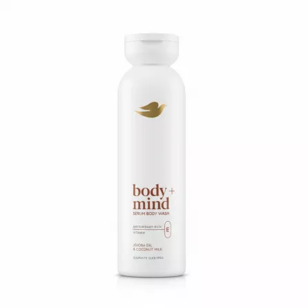 Bottle of Dove Body + Mind Jojoba & Coconut Serum Body Wash front label