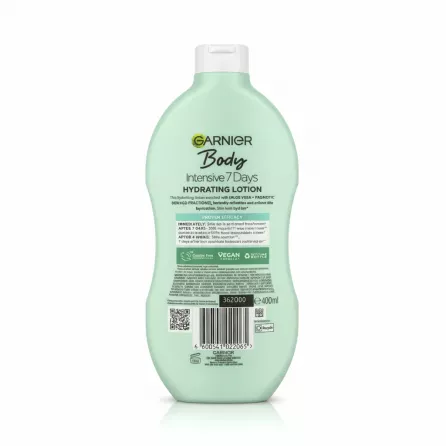Back of Garnier Body Intensive Aloe Hydrating Lotion bottle displaying ingredients and product info