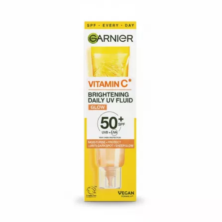 Garnier Vitamin C Brightening Daily UV Fluid SPF 50+ in yellow white packaging