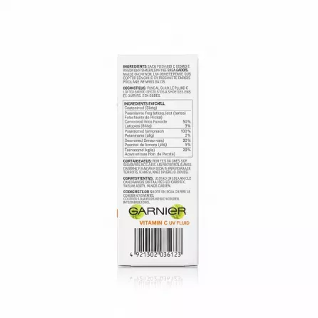 Back view with ingredient list and barcode of Garnier Vitamin C UV Fluid box