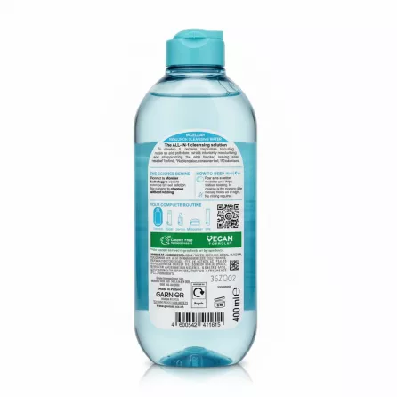 Back of Garnier Micellar Hyaluron Cleansing Water bottle with ingredient list
