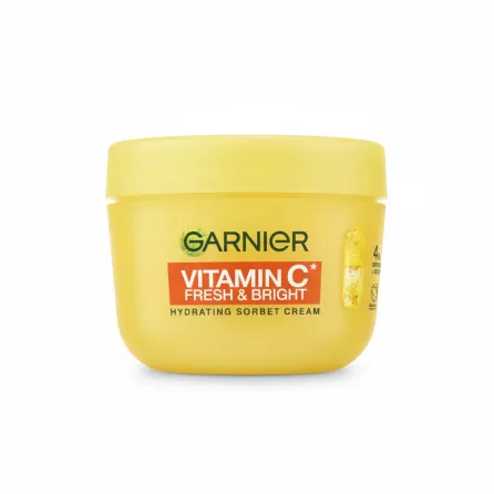 Yellow jar of Garnier Vitamin C Fresh & Bright Hydrating Sorbet Cream front view