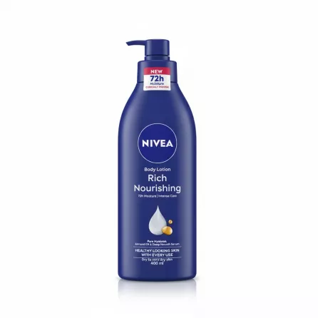 Blue bottle of NIVEA Rich Nourishing Body Lotion with pump dispenser, front view