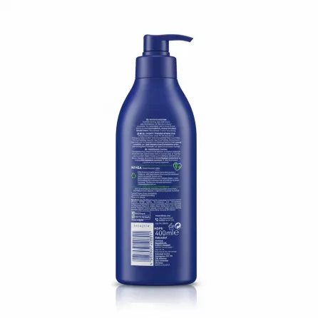 Back of blue NIVEA Rich Nourishing Body Lotion bottle showing ingredients and details