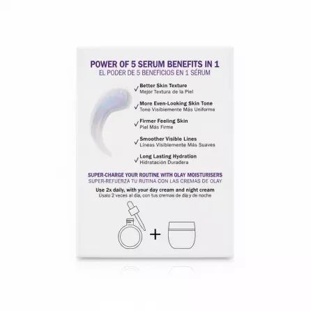 Back side of Olay Super Serum box with benefits and usage instructions