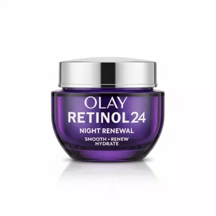 Olay Retinol 24 Night Renewal Cream in purple glass jar