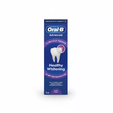 Front side of Oral-B Advanced Healthy Whitening Toothpaste box showing 3x better protection claim