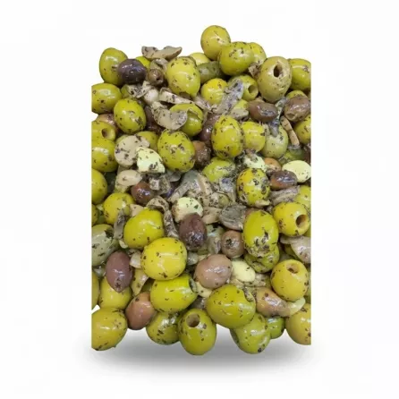 Mixed marinated green and black olives with sliced mushrooms and herbs